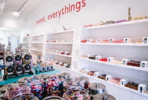 A colorful candy shop interior with shelves of sweets and jars filled with various candies. "Sweet Everything" sign above.