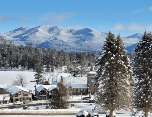 Snow-covered mountains rise behind a quaint village, with evergreen trees and a clear blue sky above.