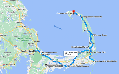 Map of Cape Cod showing a route from Commercial Street to various attractions, including Chequessett Chocolate and museums.
