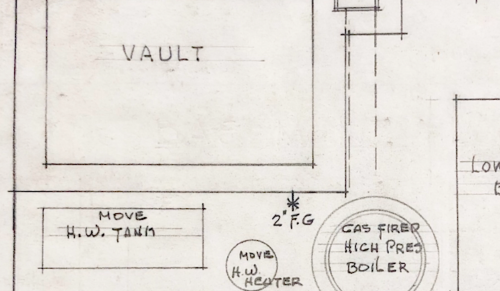 Blueprint showing a layout with a vault, gas-fired high-pressure boiler, and notes for moving equipment.