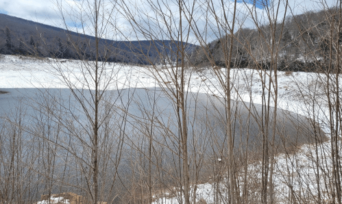 A serene winter landscape featuring a partially frozen lake surrounded by bare trees and snow-covered hills.