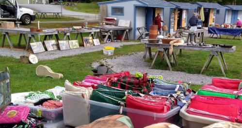 A vibrant outdoor market scene with tables displaying various items, including crafts and artwork, in a grassy area.