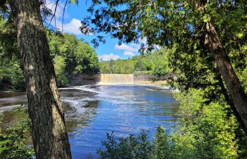 A serene waterfall cascades into a river, surrounded by lush green trees and a clear blue sky.