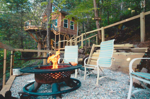 A cozy fire pit surrounded by chairs, with a treehouse in the background and lush greenery all around.