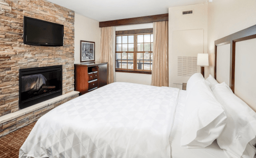 Cozy hotel room featuring a king bed, stone fireplace, TV, and large window with natural light.