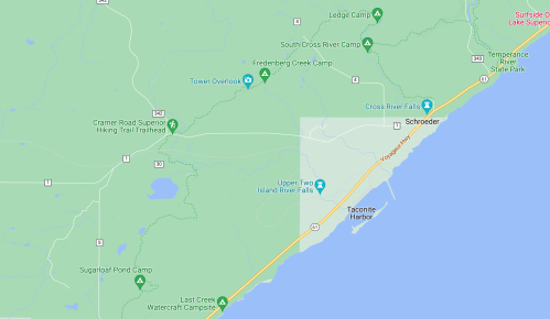 Map showing various campsites and natural features near Lake Superior, including trails and waterfalls.