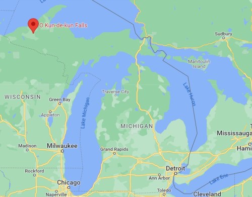 Map showing the location of Kun-de-kun Falls in Michigan, near Lake Huron and surrounding states.