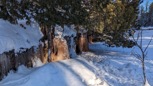 Snow-covered ground with trees and icicles, creating a serene winter landscape.