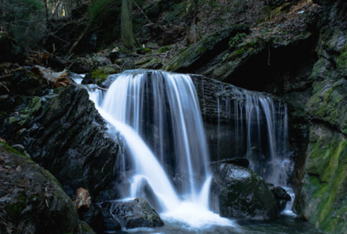 A serene waterfall cascading over rocks in a lush, green forest.