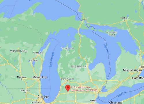 Map showing the location of 2101 Wilbur Ave, Kalamazoo, MI 49006, in relation to nearby cities and landmarks.