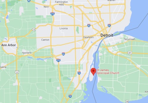 Map showing the location of St. James Episcopal Church near Detroit, Michigan, with nearby cities and highways.