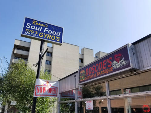 Signage for Roscoe's Soul Food and Tito's Gyros, featuring a new location with a focus on catfish and barbecue.