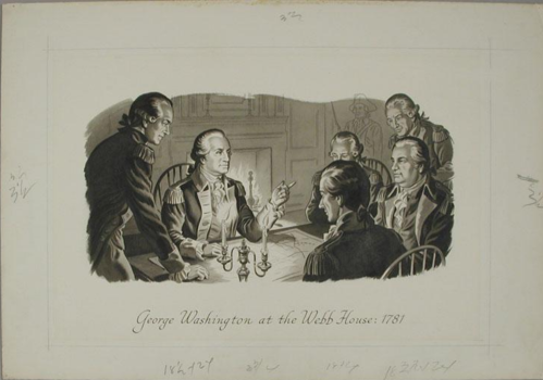 Illustration of George Washington and five men at a table in the Webb House, discussing plans in 1781.