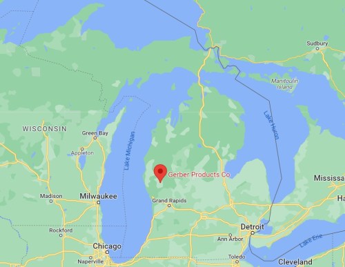 Map showing the location of Gerber Products Co. in Michigan, near Grand Rapids and Lake Michigan.