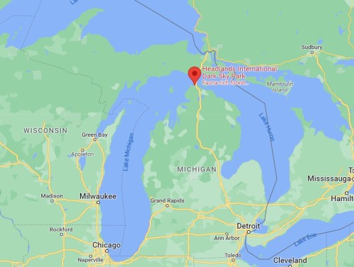 Map showing Headlands International Dark Sky Park in Michigan, near Lake Michigan and surrounding forested areas.
