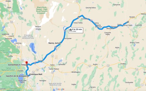 Map showing a route from "Somewhere in Time" to "Antique Mall," covering 85 miles and taking approximately 9 hours 20 minutes.