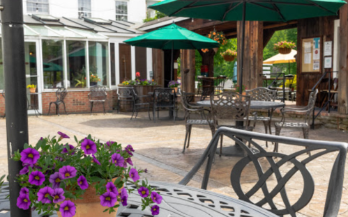 Outdoor seating area with green umbrellas, tables, and purple flowers in a pot. Bright and inviting atmosphere.