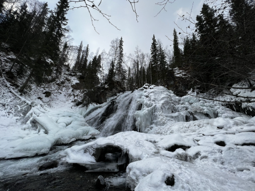 A frozen waterfall surrounded by snow-covered trees and rocky terrain under a cloudy sky.