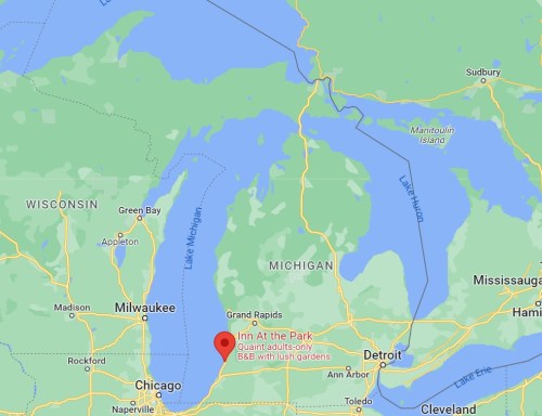 Map showing the location of "In At the Park," a B&B for adults only, near lush gardens in Michigan, close to Chicago.