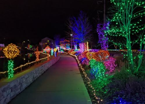 A brightly lit pathway lined with colorful holiday lights and illuminated trees at night.