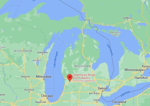 Map showing the location of Steenstra's Royal Dutch Bakery in Michigan, near Lake Michigan and major cities like Detroit and Chicago.