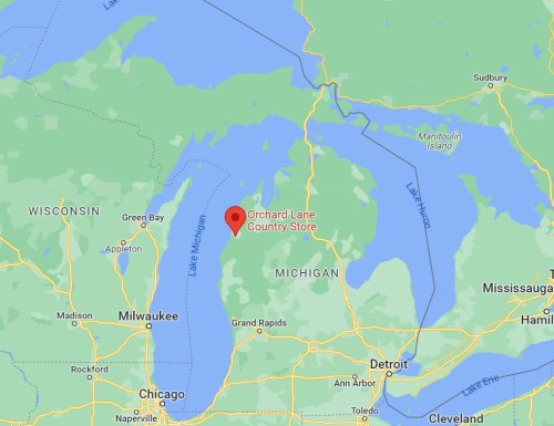 Map showing the location of Orchard Lane Country Store in Michigan, near Lake Michigan and south of Green Bay.