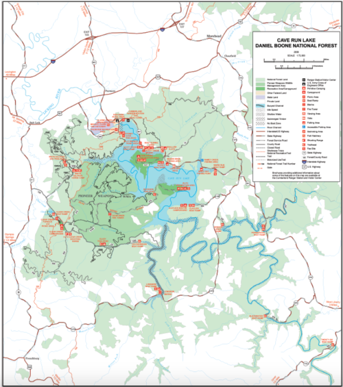 Map of Cave Run Lake and Daniel Boone National Forest, showing trails, roads, and points of interest.