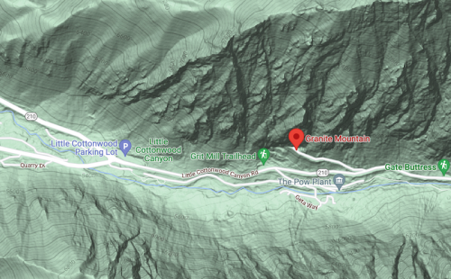 Map showing Granite Mountain location near Little Cottonwood Canyon, with nearby trails and parking areas marked.