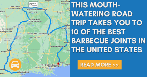 Map highlighting a road trip route to 10 top barbecue joints in the U.S., with a car icon and a "Read More" button.