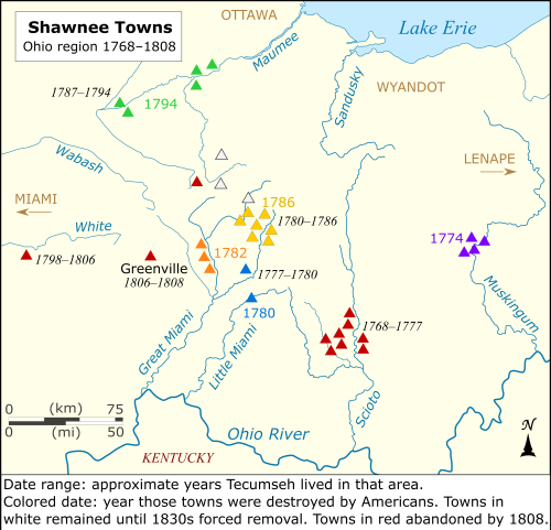 Map of Shawnee towns in Ohio (1768-1808), showing locations, dates, and towns affected by American expansion.