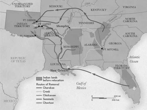 Map showing routes of Indian removal in the southeastern U.S., highlighting territories and key locations before relocation.