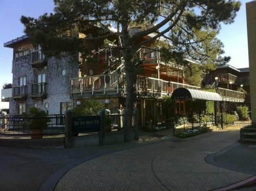 A charming building with wooden architecture, balconies, and a tree, set in a sunny outdoor area.