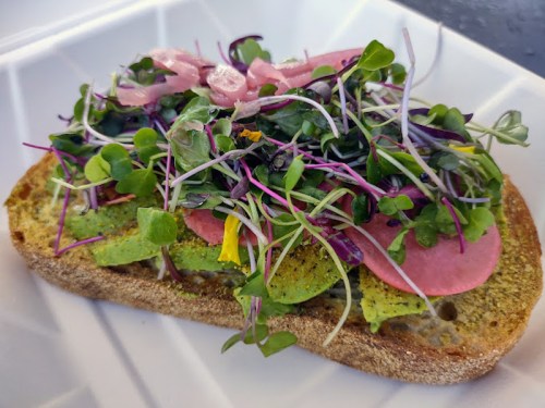 A slice of toasted bread topped with avocado, pickled onions, and a variety of colorful microgreens.