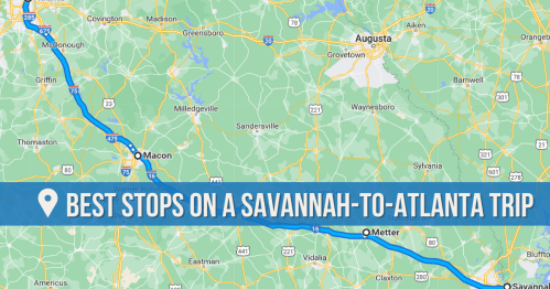Map highlighting the best stops on a road trip from Savannah to Atlanta, Georgia.