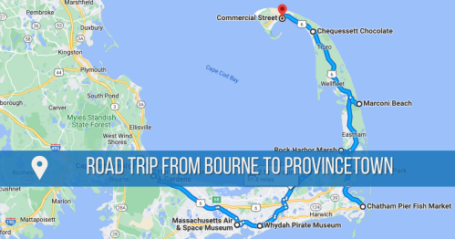 Map showing a road trip route from Bourne to Provincetown, highlighting key locations along the way.