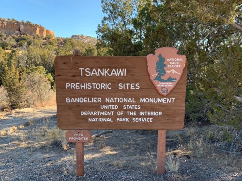 Sign for Tsankawi Prehistoric Sites at Bandelier National Monument, U.S. Department of the Interior, National Park Service.