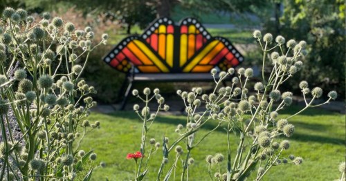 A colorful stained glass bench is framed by green plants and flowers in a sunny garden setting.