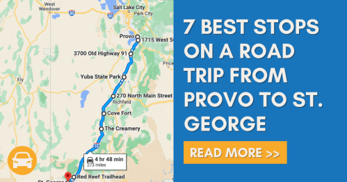 Map highlighting a road trip route from Provo to St. George, featuring 7 recommended stops along the way.