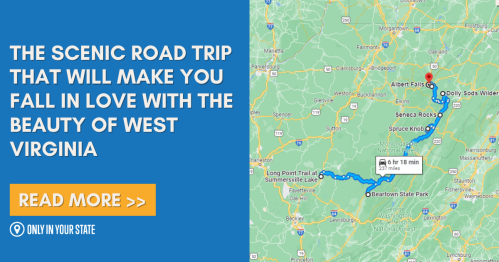 Map highlighting a scenic road trip in West Virginia, promoting its natural beauty and attractions.