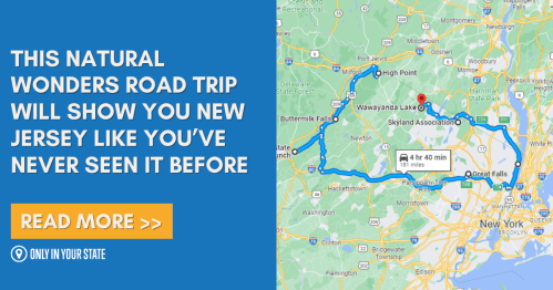 Map highlighting a road trip route through New Jersey, promoting natural wonders and scenic views.