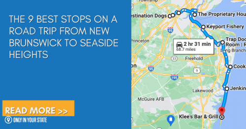 Map showing the 9 best stops on a road trip from New Brunswick to Seaside Heights, with travel time and distance noted.