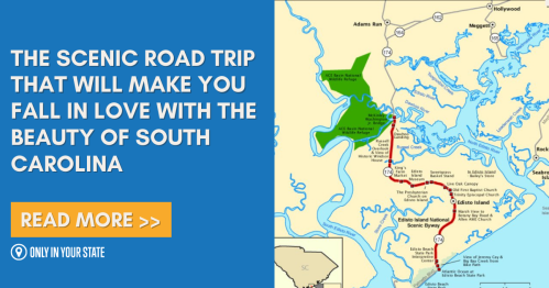 Map highlighting a scenic road trip route in South Carolina, promoting its natural beauty and attractions.