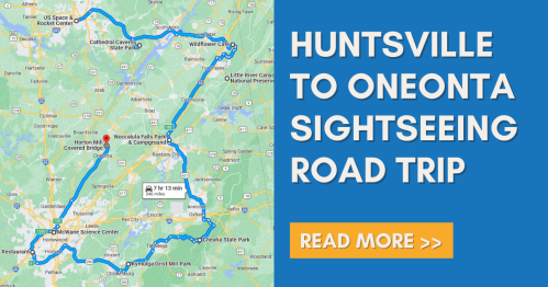 Map of a road trip route from Huntsville to Oneonta, highlighting sightseeing spots along the way. Read more.