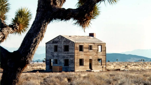 Abandoned wooden two-story house, part of the Nevada Test Site.
