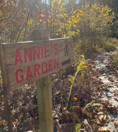 A wooden sign reading "Annie's Garden" points to a path surrounded by autumn foliage and greenery.