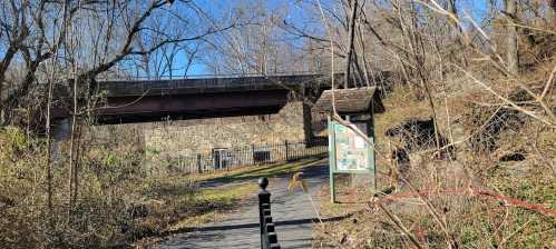 A path leads to a bridge overhead, surrounded by trees and a signpost near a stone wall. Clear blue sky above.