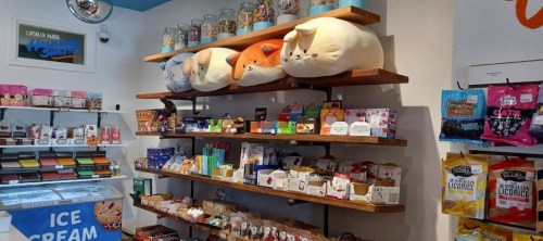 A colorful shop interior featuring plush animal toys on shelves, with various snacks and ice cream displayed below.