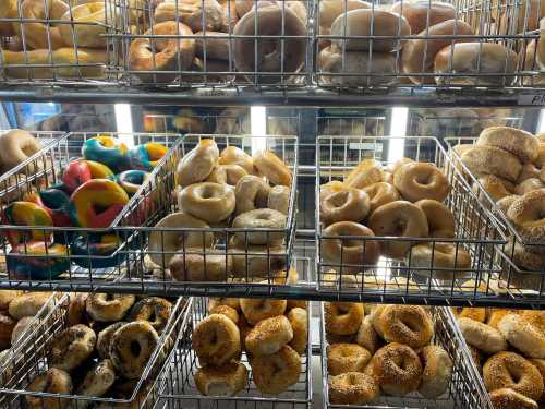 A display of various bagels in wire baskets, including colorful and traditional varieties.