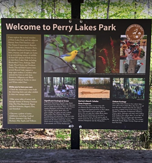 Sign at Perry Lakes Park highlighting natural features, ecological areas, and visitor information with images of wildlife.