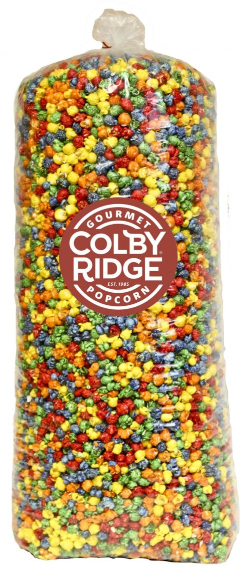 A clear bag filled with colorful gourmet popcorn in various shades of red, yellow, green, and blue.